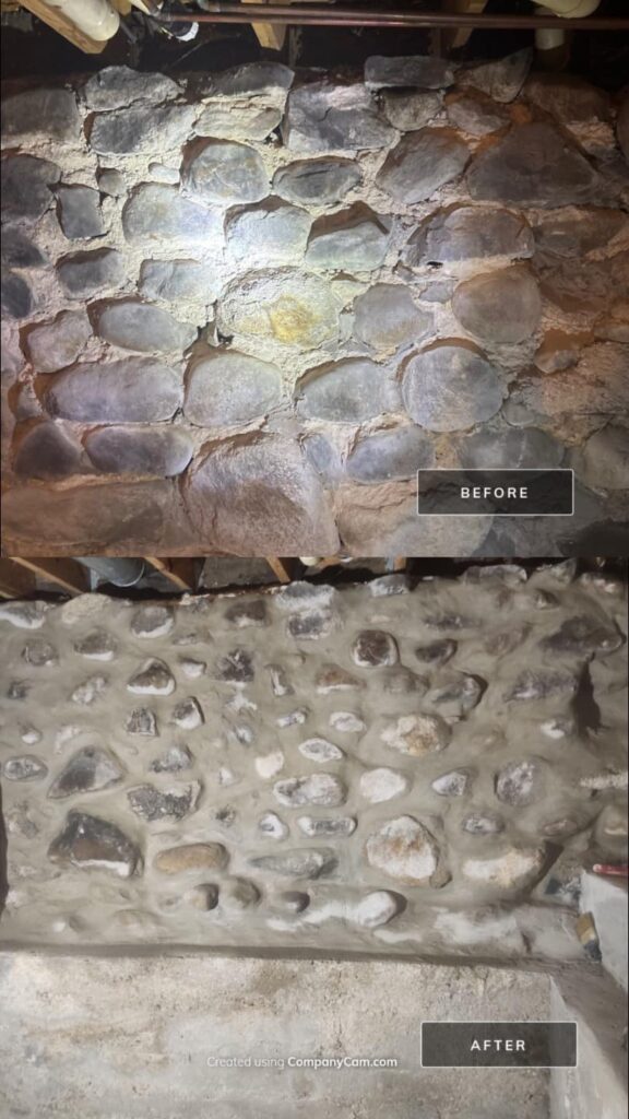 Stone basement repair  before and after. tuck-pointing 